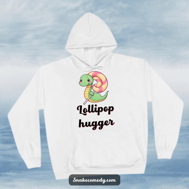Funny hoodie with a happy snake character coiled around a giant lollipop, offering warmth and a sweet, humorous design.