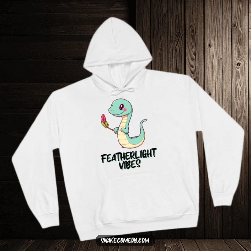 Funny slithering hoodie, happy character swaying while balancing a colorful feather, cozy and whimsical, a perfect funny gift.
