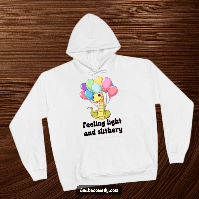 Funny Snake Hoodie: A happy snake playfully tangled in a bouquet of colorful balloons, perfect for cozy, cheerful moments.