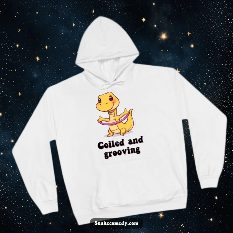 Funny hoodie depicting a joyful snake with a big grin, energetically hula hooping in a hilarious dance move.