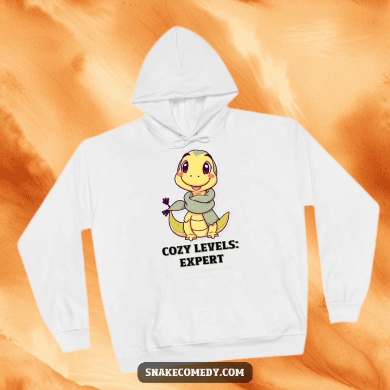 Funny hoodie featuring a delighted snake character, comically large patterned scarf, and a charming, winking expression.