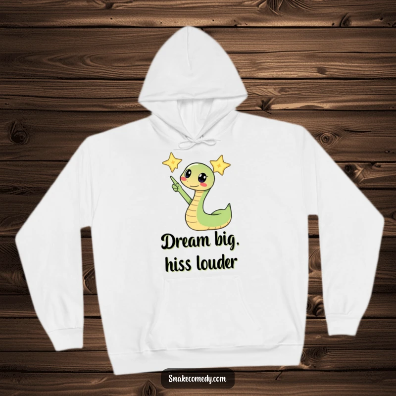 Funny snake excitedly pointing its head towards a twinkling star on a hoodie, providing warmth and a sense of cosmic wonder.