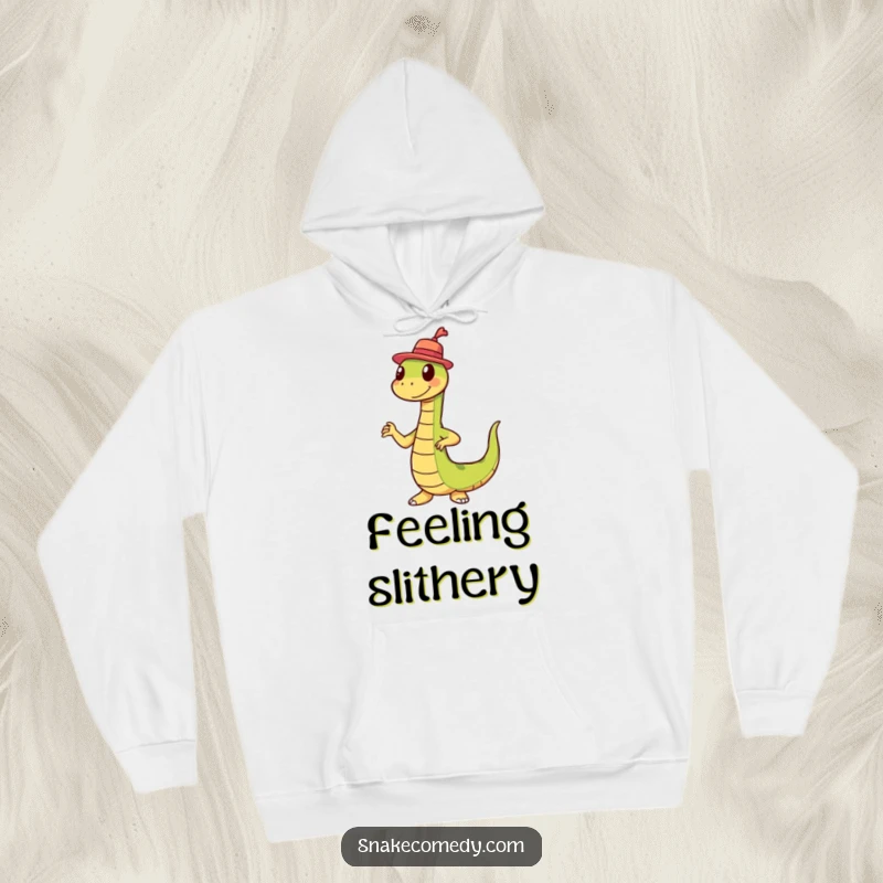 Funny snake in a tiny hat doing a comical wiggle dance, featured on a cozy hoodie for ultimate fun.