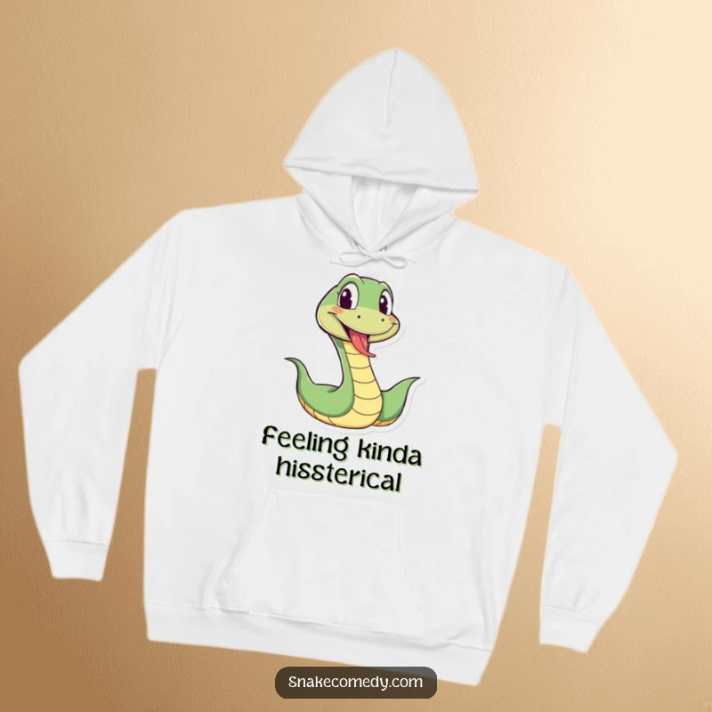 Funny snake hoodie featuring a cartoon snake wiggling energetically with its tongue out playfully, perfect for cozy, humorous moments.