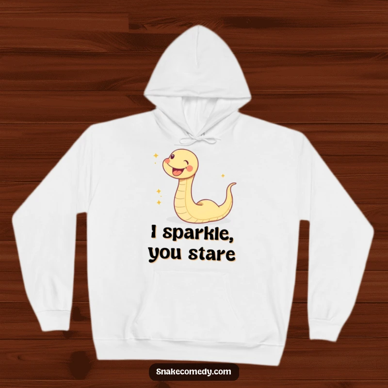 Funny sparkle snake hoodie, a happy snake character slithering with glee, leaving a shimmering trail of magic, cozy and fun.