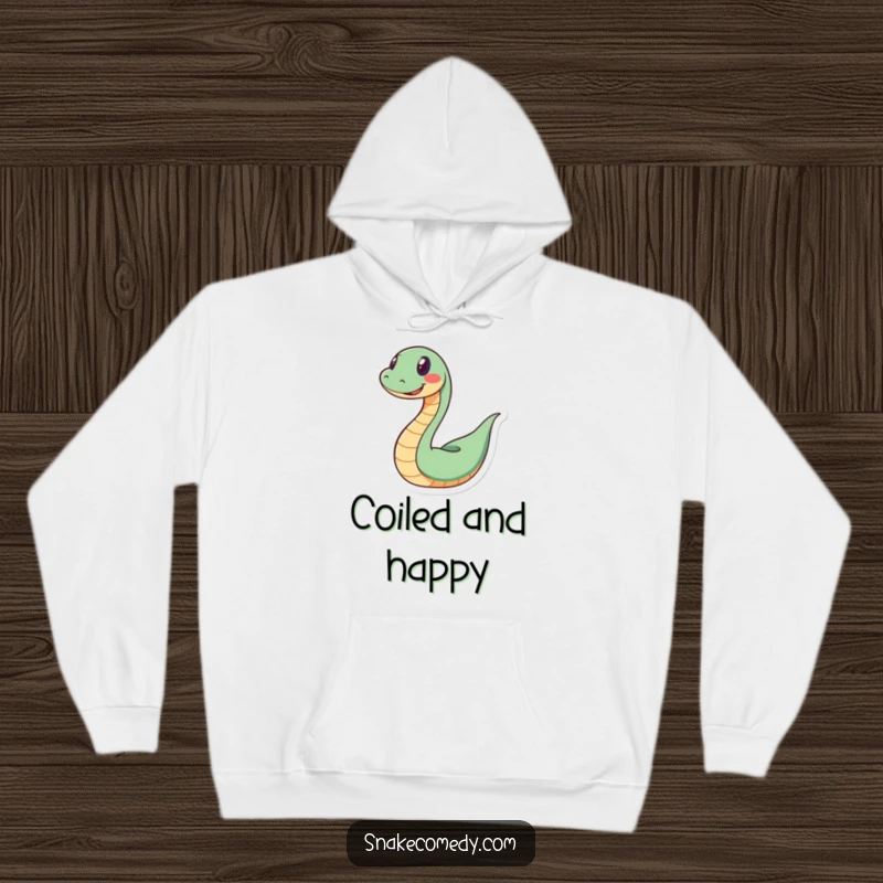 Funny snake hoodie featuring a happy snake coiled in a spiral, wearing a wide grin, perfect for cozy, playful moments.