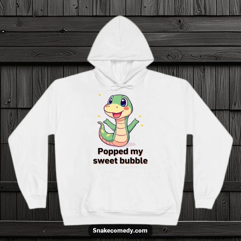 Funny hoodie with a surprised snake recoiling from a popping sweet, offering warmth and a humorous design.