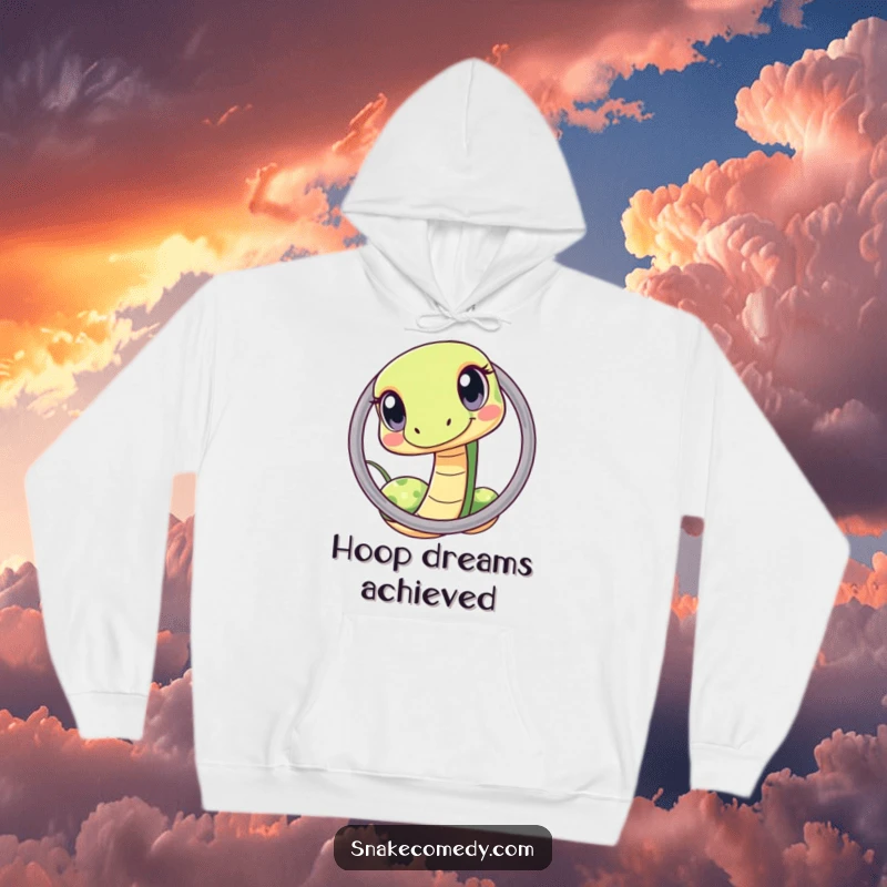 Funny kawaii snake hoop hoodie, depicting a curious snake squeezing through a hoop, ideal for cozy and humorous lounging.