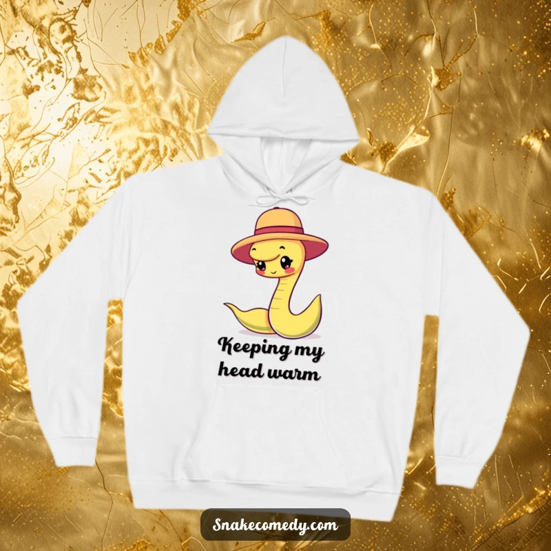 Funny snake character happily balancing a small round hat on its head, featured on a cozy hoodie for dapper comfort.