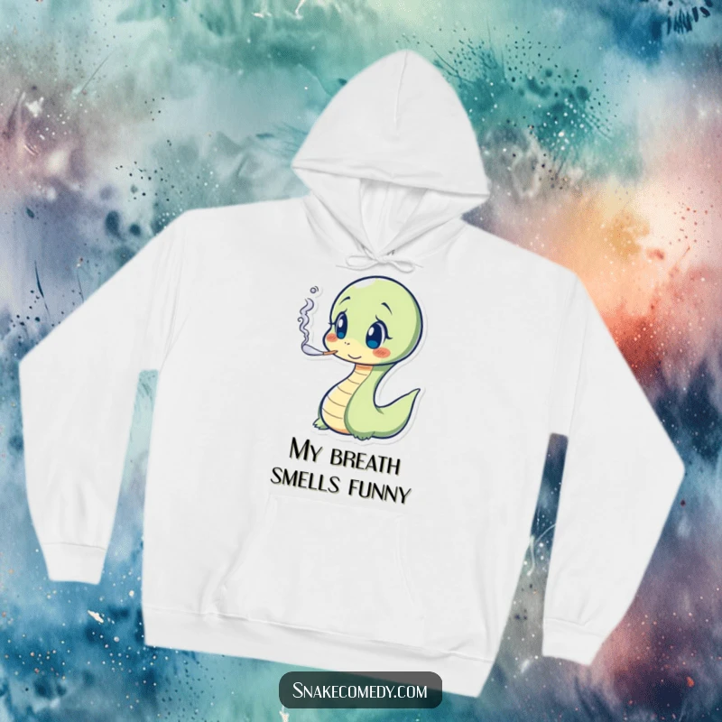 Funny Snake Hoodie featuring a startled serpent exhaling smoke, embodying surprise and humor for a great gift.
