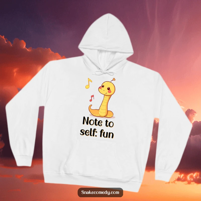 Funny hoodie depicting a snake playfully bopping a musical note, perfect for cozy vibes and a love of sound.