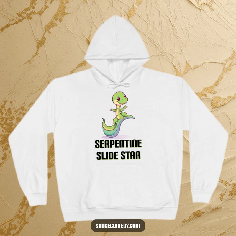 Funny hoodie with a giddy snake character balancing on a whimsical winding slide, offering warmth and humorous adventure.
