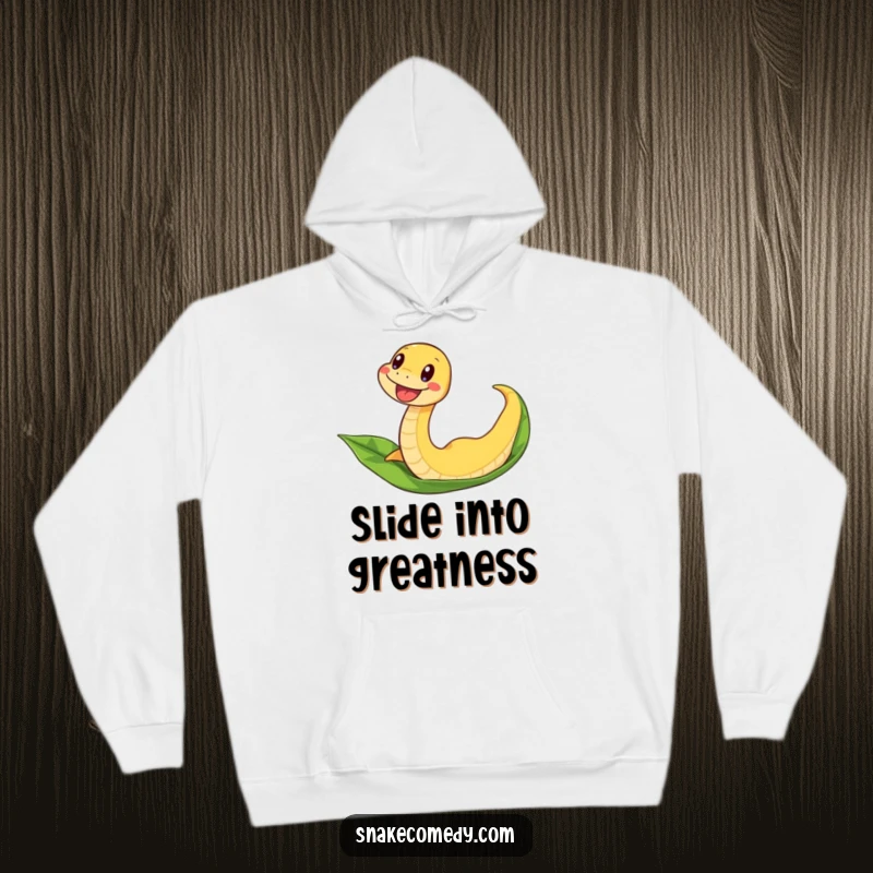 Funny snake hoodie with an excited wiggle, sliding down a leaf, perfect for cozy, adventurous wear.