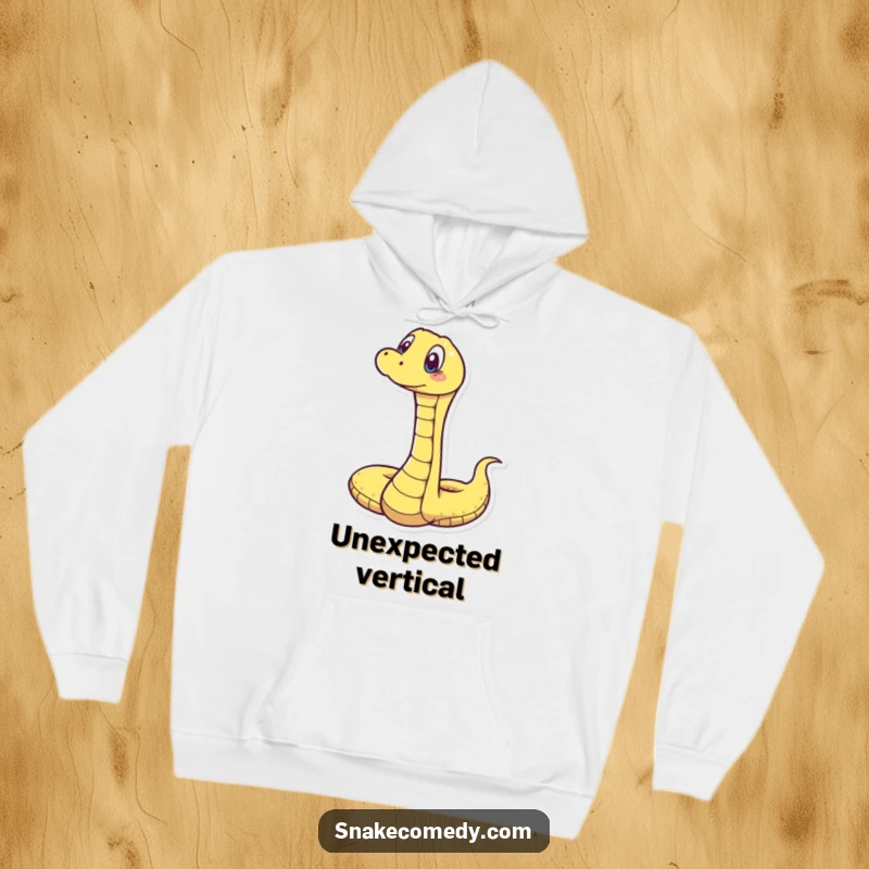 Funny hoodie depicting a snake stretching vertically with an awestruck, surprised expression, perfect for comfort and laughs.