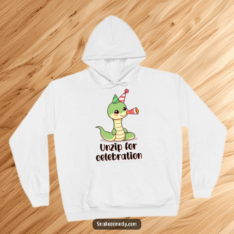 Funny snake wearing a party hat, blowing a cheerful party horn on a hoodie, great for casual wear and spreading giggles.