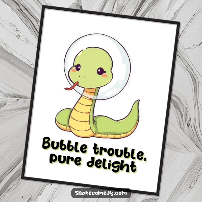 Funny Free Printable Wall Art of a sassy snake blowing a giant, shimmering bubble with a flick of its tongue.