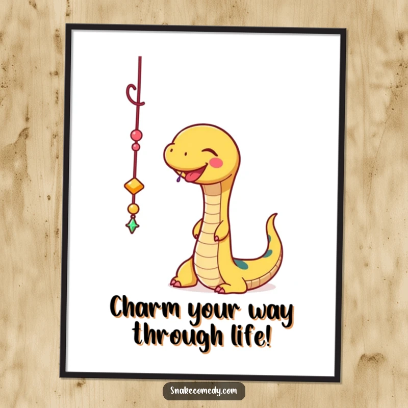 Funny Free Printable Wall Art: A curious snake joyfully bats at a dangling, sparkly charm, creating a scene of playful fascination.