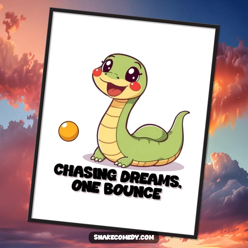 Funny Free Printable Wall Art: A snake in mid-wiggle excitedly chases a bouncing ball, creating a playful and energetic scene.