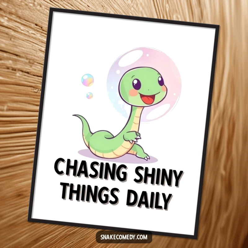 Funny Free Printable Wall Art depicting a small, joyful snake playfully chasing a shimmering, iridescent soap bubble, creating a whimsical and dreamy atmosphere.