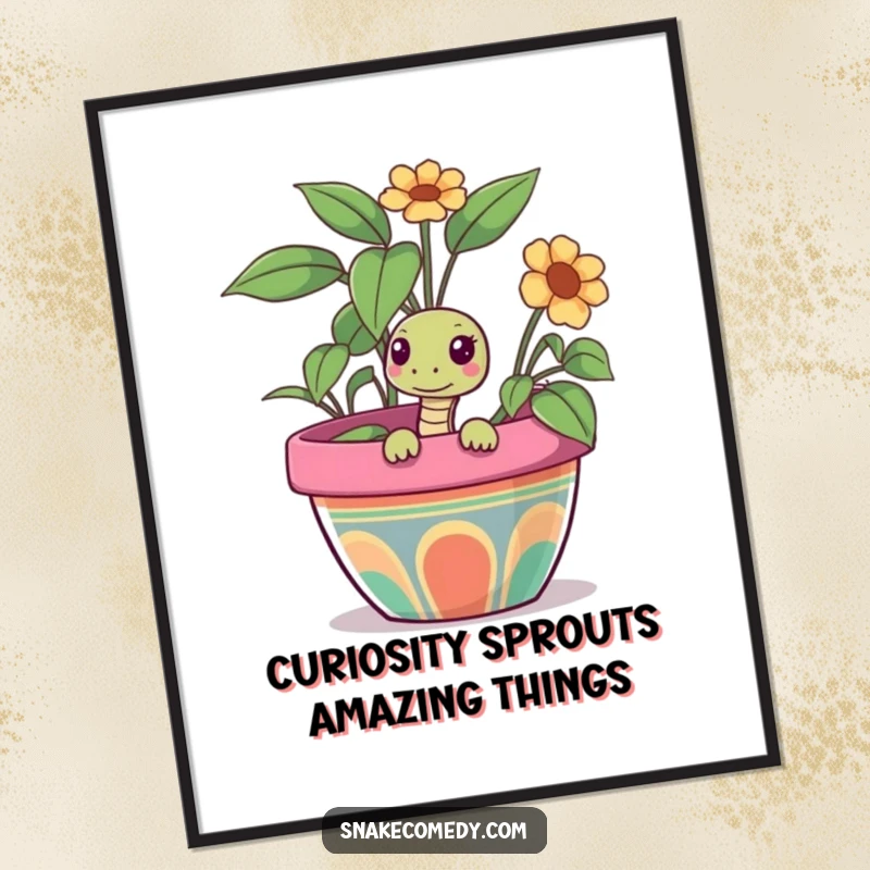 Funny Free Printable Wall Art of a snake curiously peeking its head out from a large, colorful flower pot.
