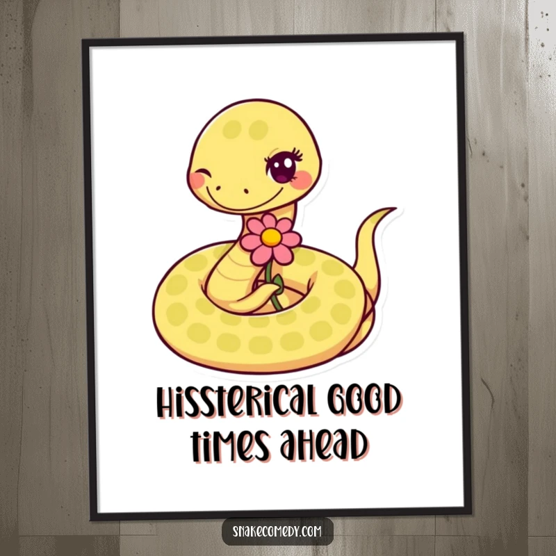 Funny Free Printable Wall Art: A coiled snake gives a friendly wink while offering a flower.