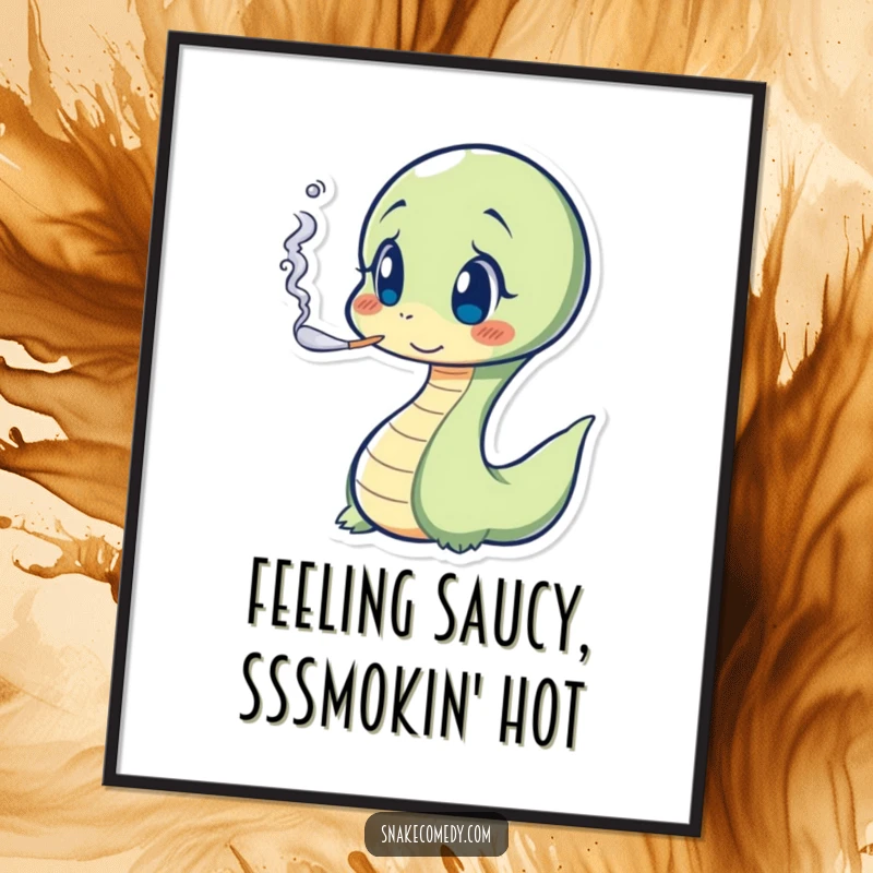 Funny Free Printable Wall Art: A snake character blowing a tiny smoke puff with a comically surprised facial expression.