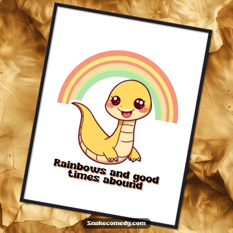 Funny Free Printable Wall Art: A cheerful snake slithering down a vibrant rainbow, creating colorful and downloadable decor.