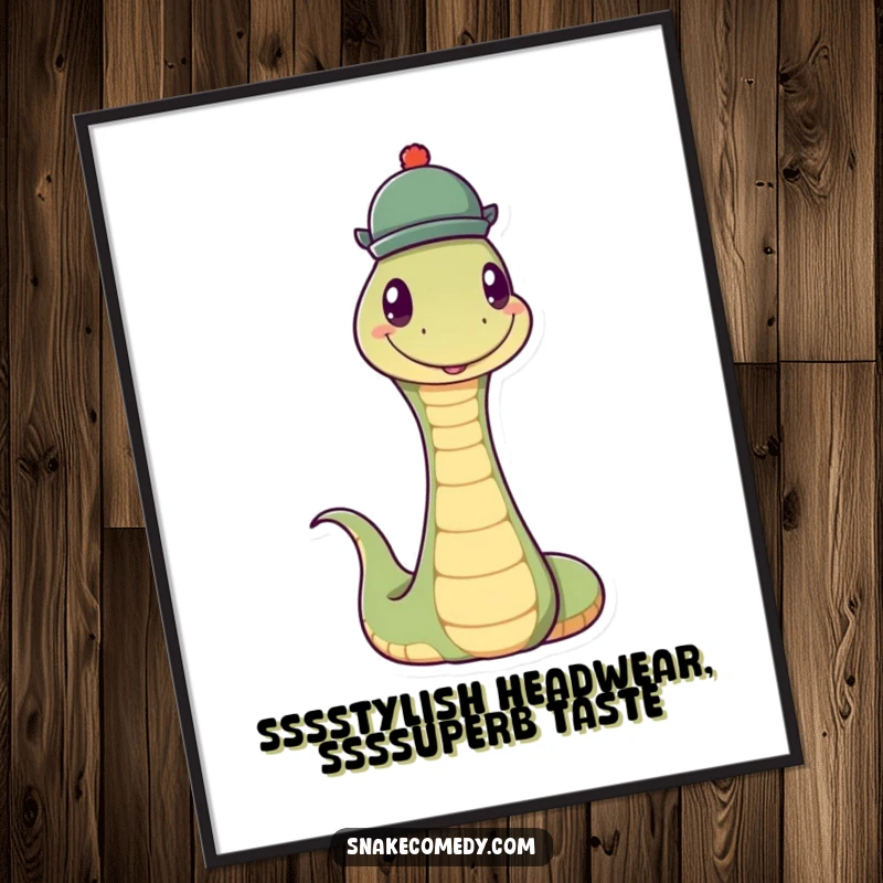 Funny Free Printable Wall Art: A snake character happily balancing a small, round hat on its head with a charming expression.