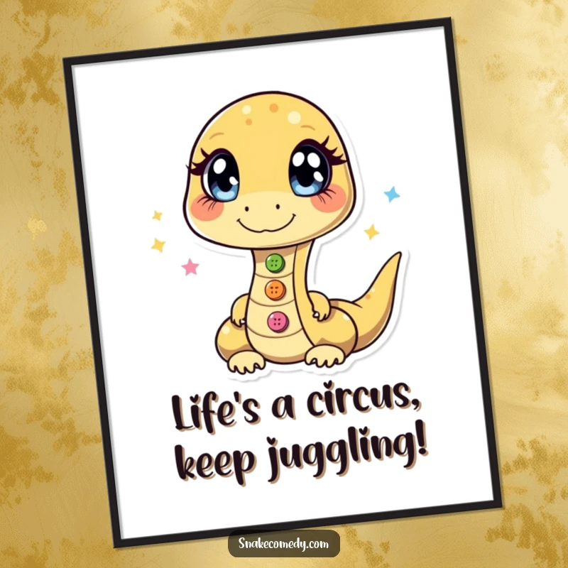 Funny Free Printable Wall Art: A snake with excited, sparkling eyes skillfully juggles three shiny buttons, adding fun decor.