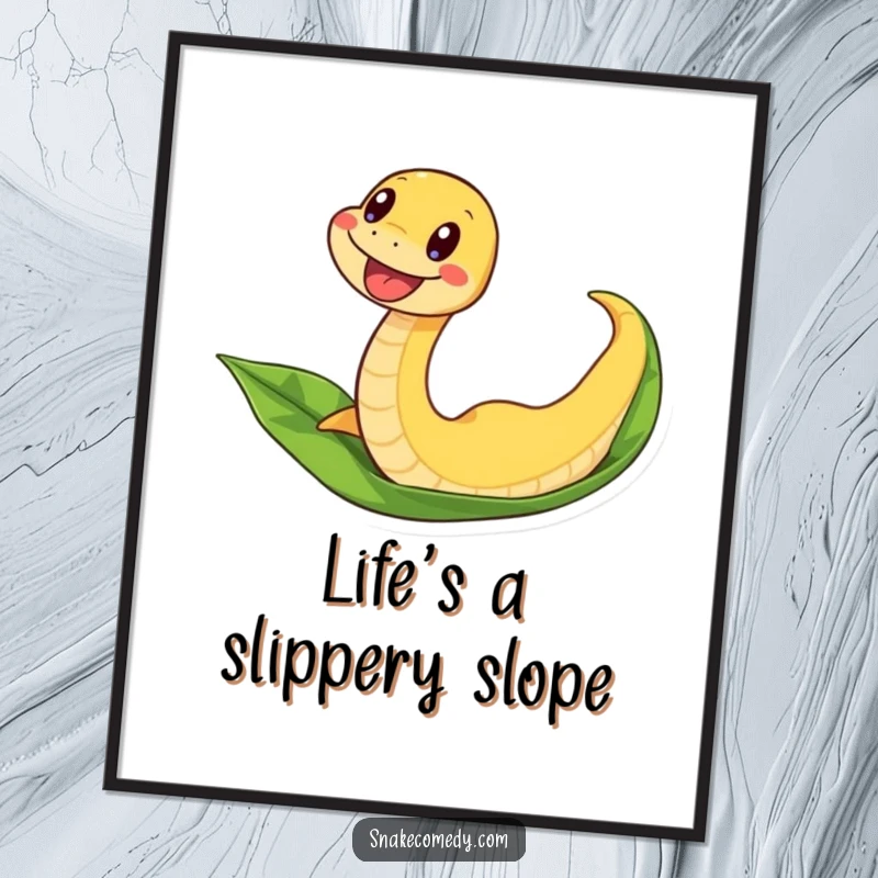 Funny Free Printable Wall Art: A snake excitedly wiggling as it slides down a large green leaf. Action-packed downloadable art.