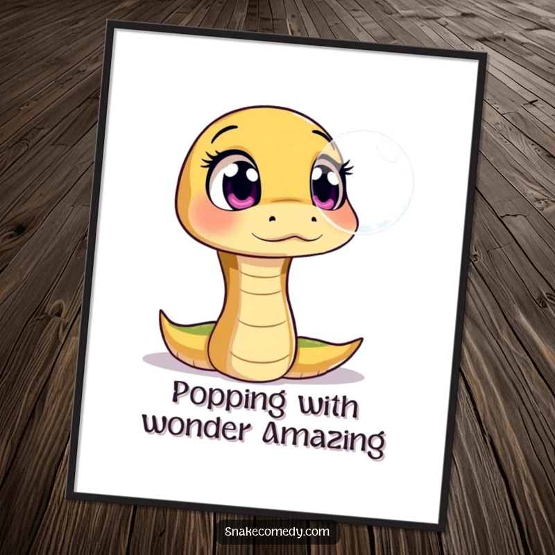 Funny Free Printable Wall Art: A snake with wide, amazed eyes observing a floating, shimmering bubble, capturing a moment of pure fascination.