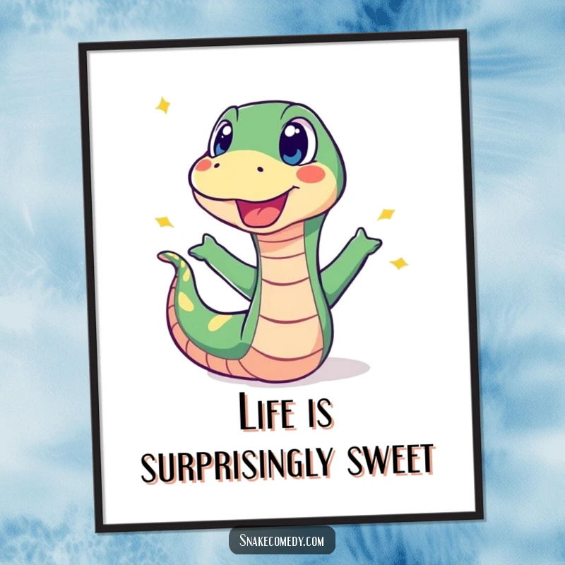 Funny Free Printable Wall Art: A startled snake recoils dramatically from a vibrant, popping candy, creating a comical visual.