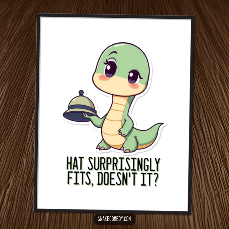 Funny Free Printable Wall Art: A snake with a comically surprised expression and raised eyebrow holds a tiny hat, adding humor.