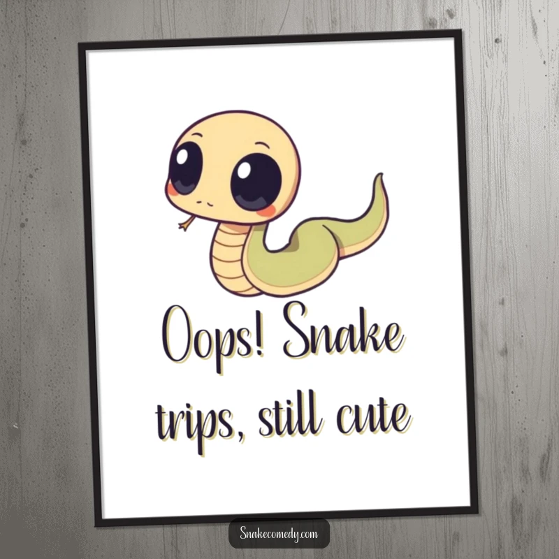 Funny Free Printable wall art of a snake with large, round eyes comically losing its balance and tripping over its tail.