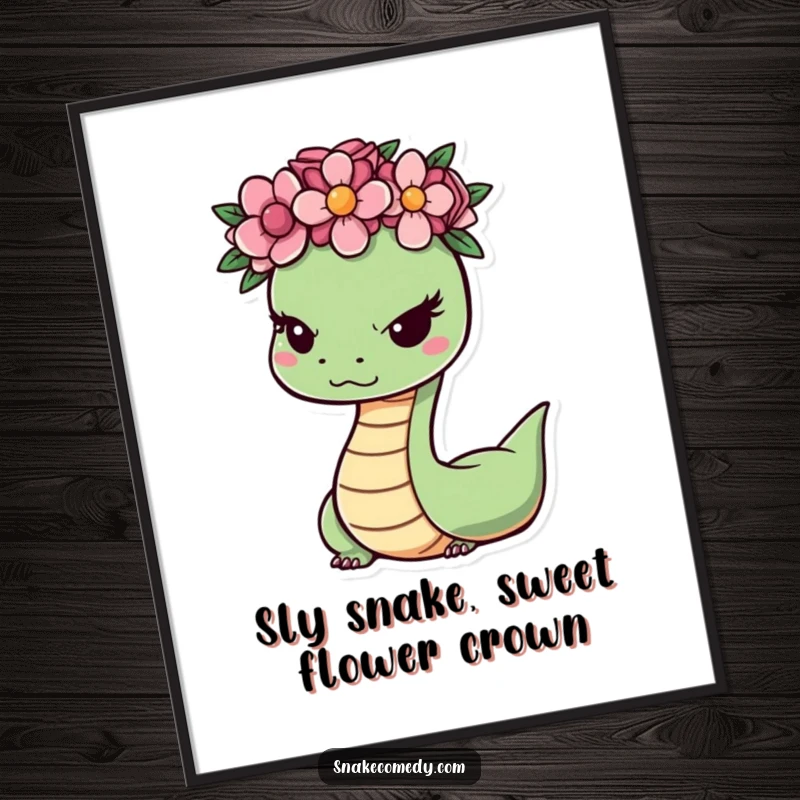 Funny Free Printable wall art of a cute snake wearing a flower crown, giving a sly, captivating wink.