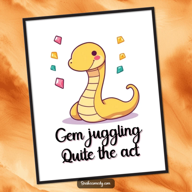 Funny Free Printable Wall Art: A playfully wiggling snake with a grin, juggling three tiny, sparkling gems, showcasing talent and joy.