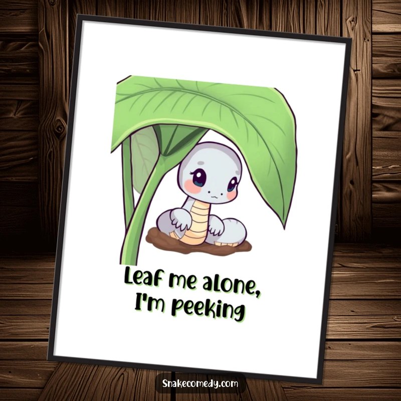 Funny Free Printable Wall Art: A snake character curiously peeking out from behind a large, detailed green leaf.