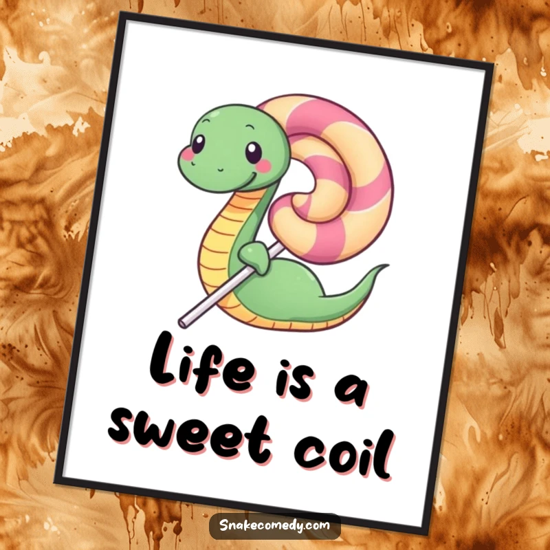 Funny Free Printable Wall Art: A joyful snake is contentedly coiled around a colossal, mouth-watering lollipop, radiating happiness.