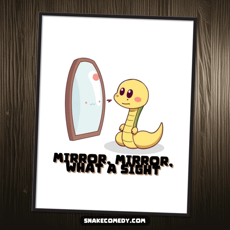 Funny Free Printable Wall Art of a snake with a delighted sigh playfully chasing its own reflection, adding a fun twist.