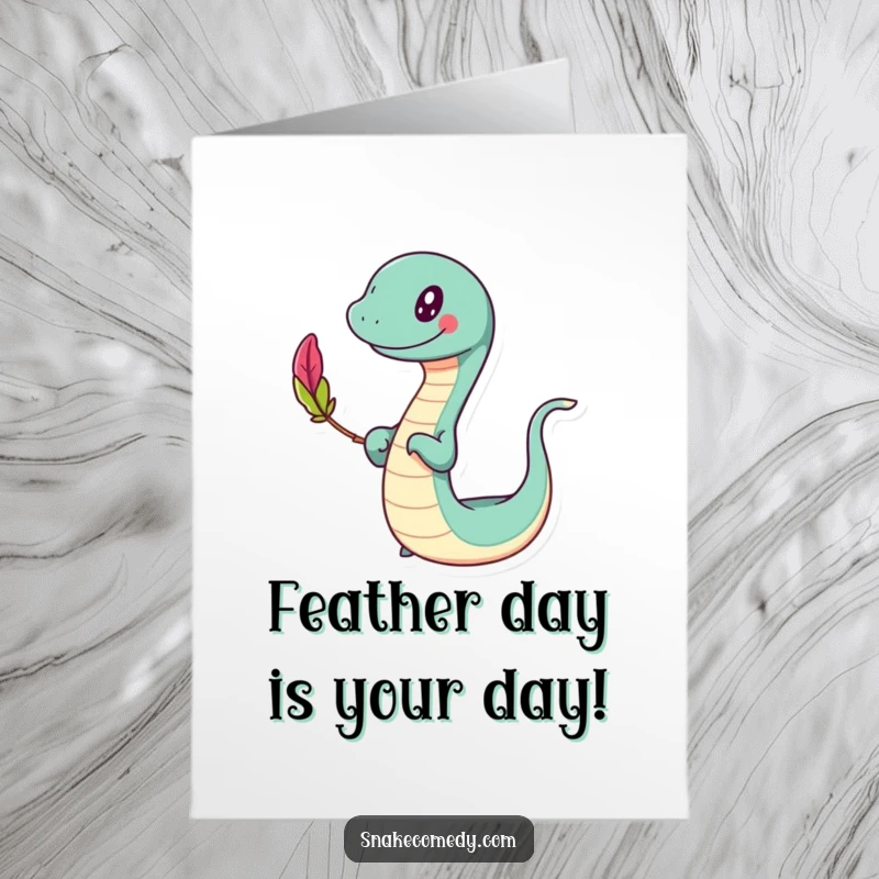 Funny Free Printable Birthday Card of a slithering character with a happy sway, delicately balancing a small, colorful feather.