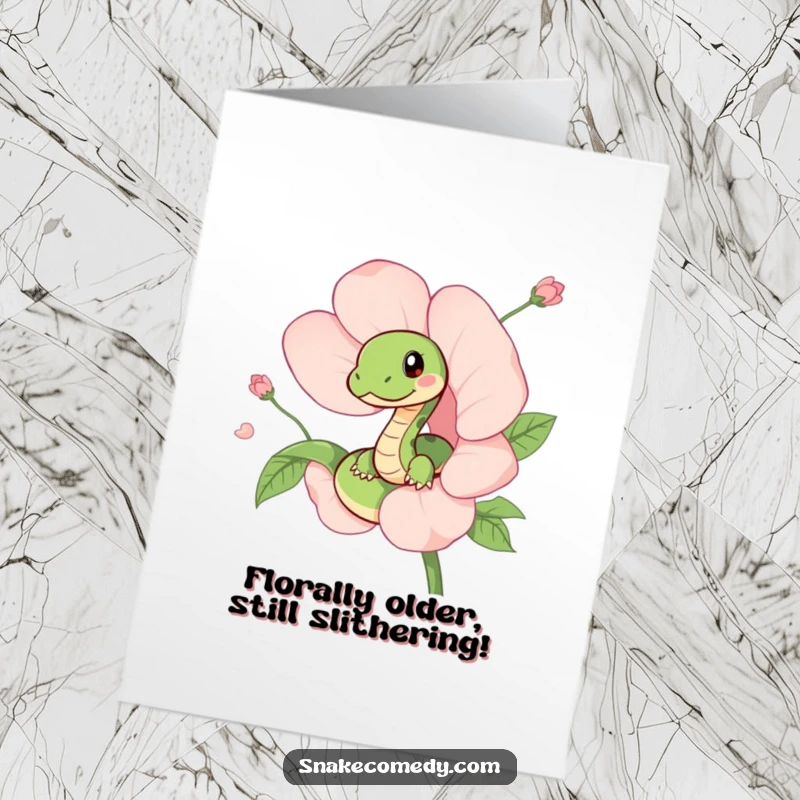 Funny Free Printable Birthday Card featuring a cheeky snake peeking from a blooming flower, ready to wish someone a happy day.