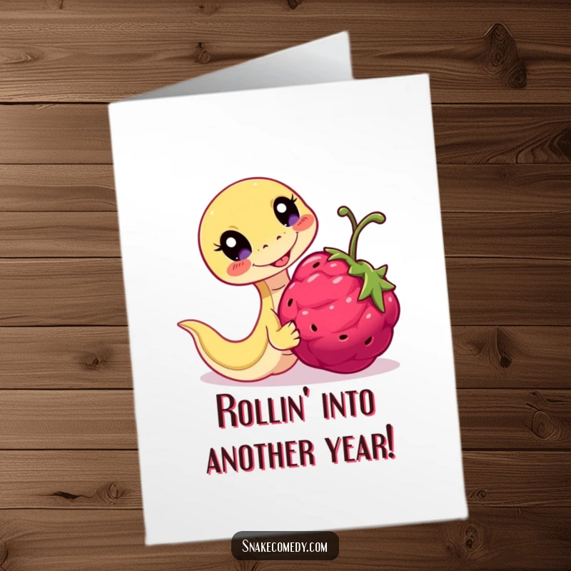 Funny Free Printable Birthday Card: Snake character joyfully chasing a rolling berry with bright, excited eyes, perfect downloadable.