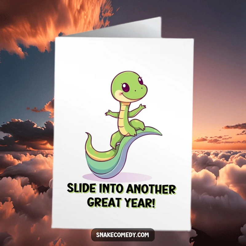 Funny Free Printable Birthday Card: A giddy snake balances precariously but happily on a whimsical, twisty winding slide.
