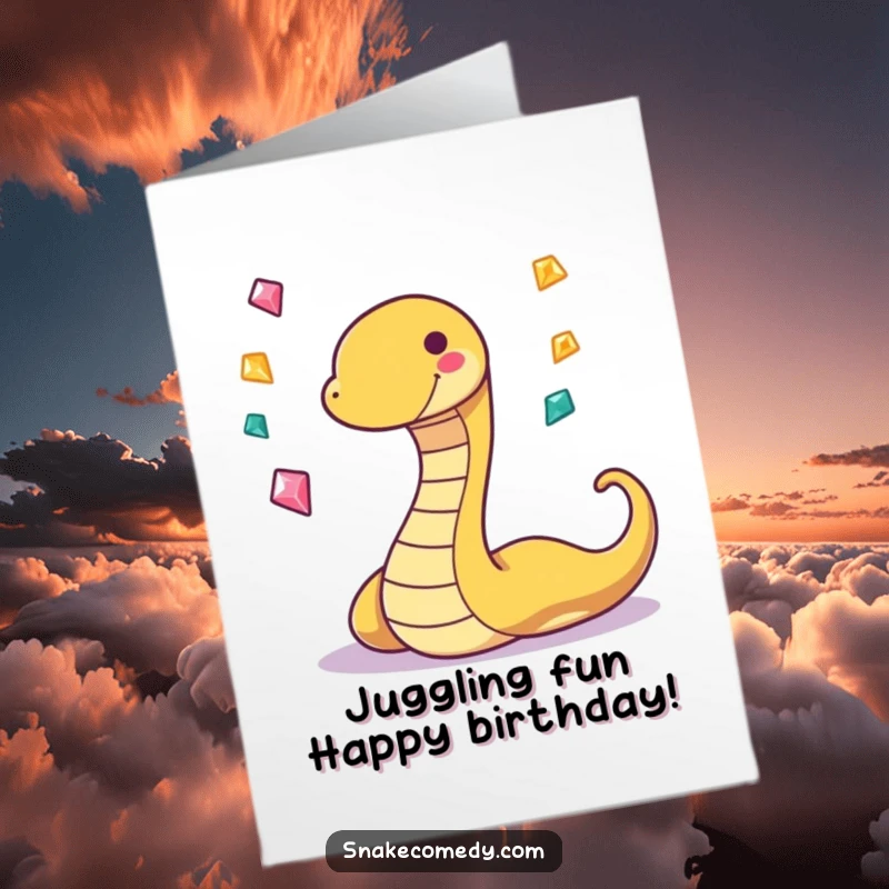 Funny Free Printable Birthday Card: Playful snake grinning while juggling three tiny, sparkling gems, celebrating with flair.