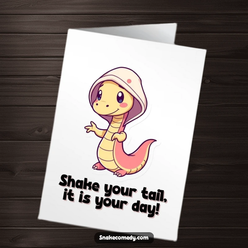 Funny Free Printable Birthday Card: A snake with a wiggly body doing a silly dance under a cheerful hood, downloadable delight.