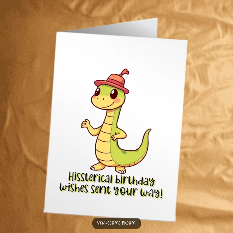 Funny Free Printable Birthday Card: Snake in a tiny hat doing a silly wiggle dance, spreading birthday cheer.