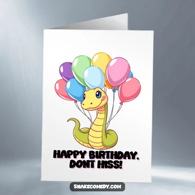 Funny Free Printable Birthday Card: A snake happily entangled in vibrant balloons, celebrating a birthday with joyful commotion.
