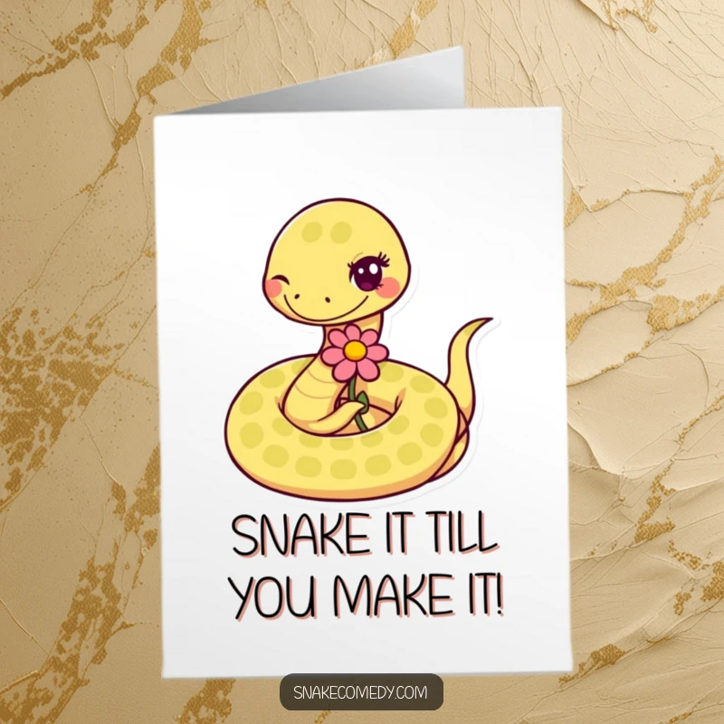 Funny Free Printable Birthday Card: A coiled snake winks and offers a flower, spreading cheer.
