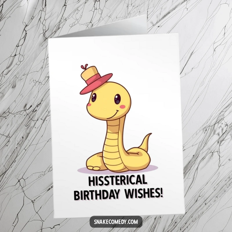 Funny Free Printable Birthday Card: A cheerful snake with a wide smile sports a dapper, tiny hat, wishing happy birthday.