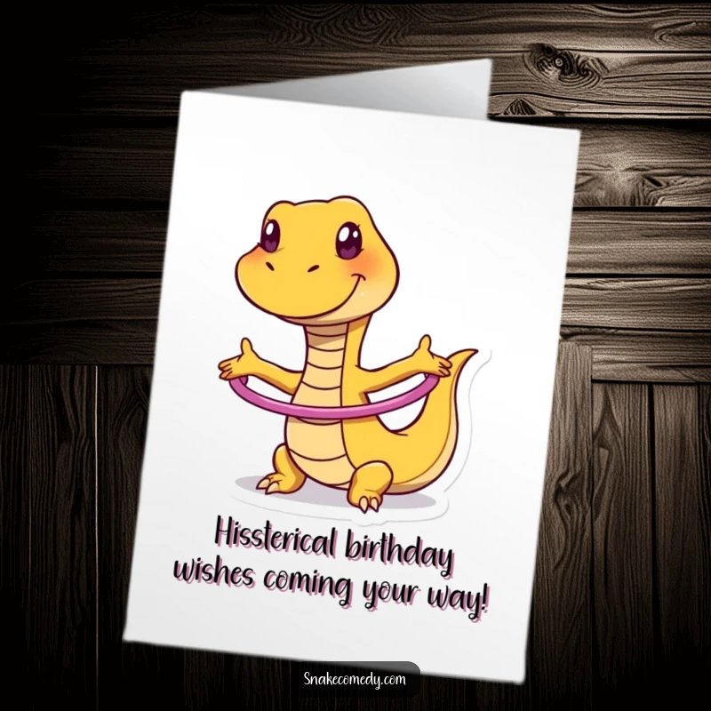 Funny Free Printable Birthday Card: Silly grinning snake in mid hula hoop dance, full of joyful motion.